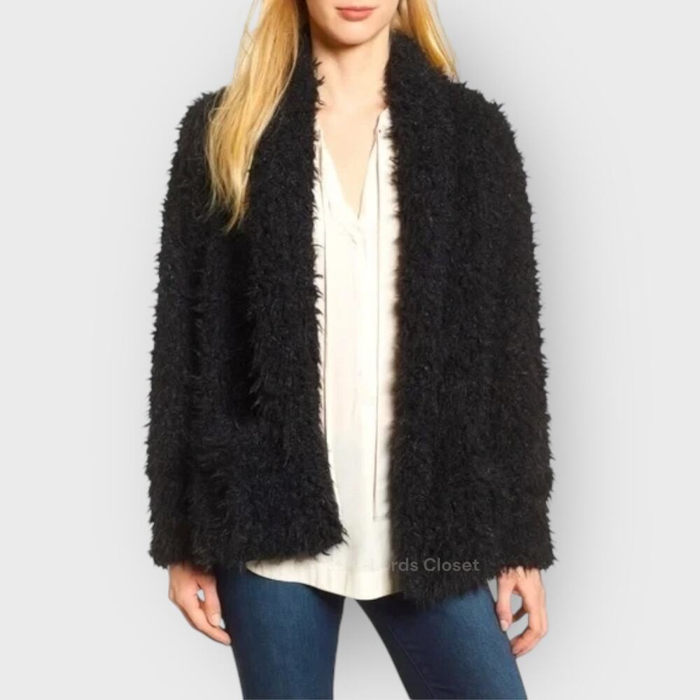 Love Fire Black Faux Fur Jacket Large Open Front Soft Fuzzy Cardigan